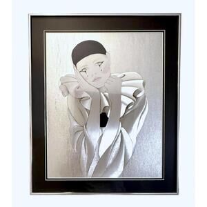 Vintage Pierrot Metal Engraving Framed Silver Relief Art Large 20x24 Wall Decor